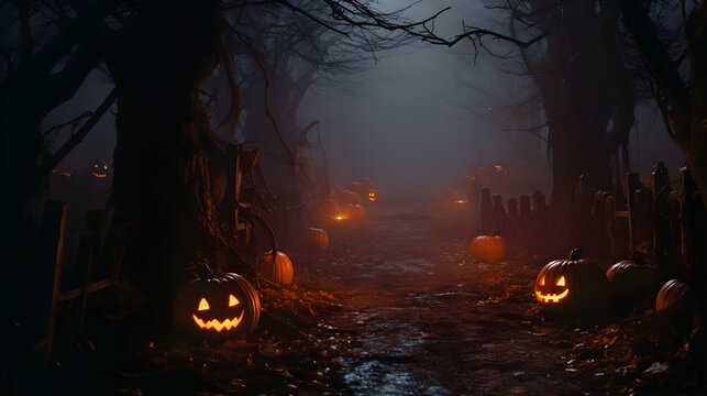 Pathway at night with jack o lantern and wooden paling. Lane in the middle between spooky pumpkins and fence