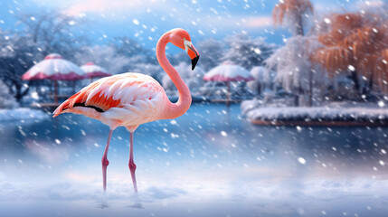 Flamingo on snow with mountain background.Generative Ai.