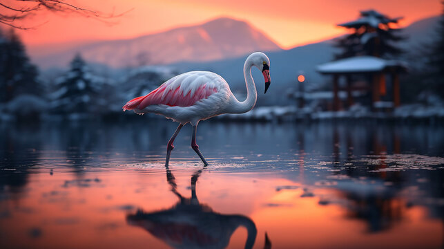 Flamingo on river with sunset mountain background.Generative Ai.