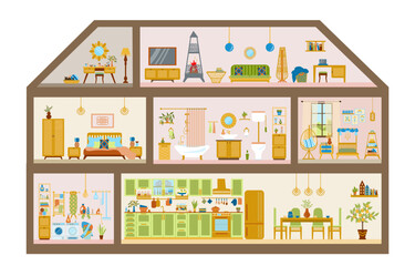 Section of a three-storey house with a kitchen, dining room, laundry room, children's room, bedroom, bathroom, study, boudoir, living room. Illustration of a dollhouse hand-drawn in a flat style.