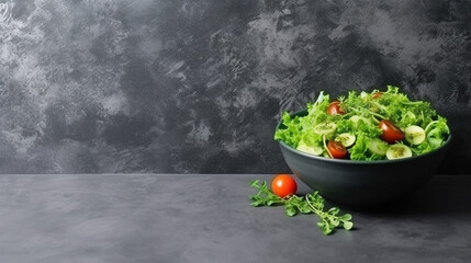 Healthy fresh vegetable salad with cucumber, onion, spinach,tomato on black background.Generative Ai.