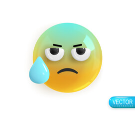 Emoji face thrown into sweat from misunderstanding. Emotion Realistic 3d Render. Icon Smile Emoji. Vector yellow glossy emoticons.
