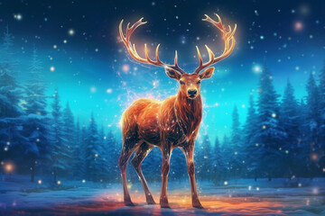 Reindeer glowing lights in the forest.Generative Ai.