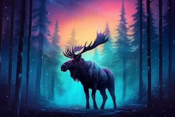 Moose in the forest with aurora magical atmosphere.Generative Ai.