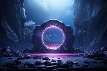 Abstract portal stone gate with neon glowing light in the dark space landscape of cosmic, rocky mountain stone field, spectrum light effect, with Generative Ai. - obrazy, fototapety, plakaty