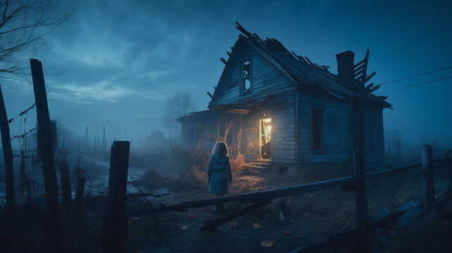 Old ramshackle cottage at night. Created with Generative AI.