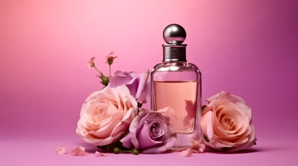 Obraz na płótnie Canvas Perfume rose Floral on purple background.Generative Ai.