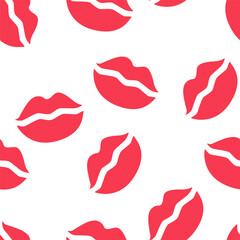 Seamless pattern Red lipstick kiss on white background. Vector flat illustration for design.