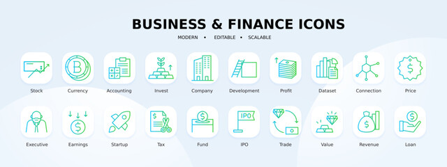 Fototapeta na wymiar Business and Finance icons collection with green and blue gradient outline style. money, banking, payment, management, investment, marketing, savings, growth. Vector illustration