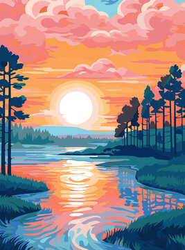 Colorful Vector Landscape With Forest And Lake