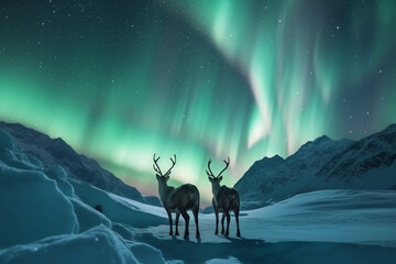 Reindeer in the snow with aurola light.Generative Ai.
