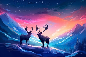 Reindeer in the snow with aurola light.Generative Ai.