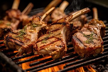 Lamb chops grilled on barbecue over the fire. Generative Ai image