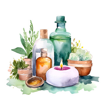 Watercolor
 spa care set relax illustration. Generative AI, png image.