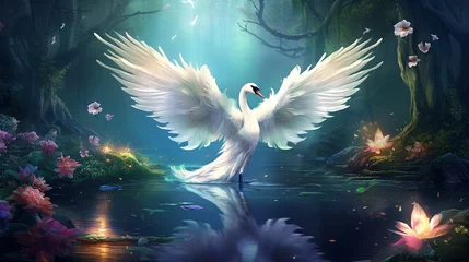 White swan beautiful wings in fantasy forest.Generative Ai. © Inlovehem