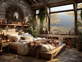 Ethnic Bedroom Interior 3d , Mockups Design 3D, High-quality Mockups, Generative Ai