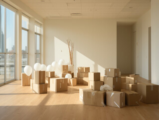 Interior With Moving Boxes in empty white room, Mockups Design 3D, High-quality Mockups, Generative Ai