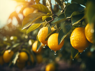 Fresh lemons on the tree in a lemon farm. It is ready to be picked by farmers and marketed. The weather is sunny and fresh.
 - obrazy, fototapety, plakaty