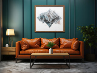 Mockup Frame close up in dark farmhouse living room, Mockups Design 3D, High-quality Mockups, Generative Ai