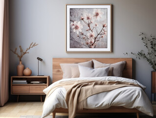 Mock-up poster frame in Scandinavian bedroom, Mockups Design 3D, High-quality Mockups, Generative Ai
