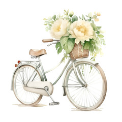 Watercolor bicycle with white peonies illustration. Generative AI, png image.