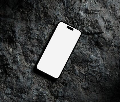 Mockup smartphone with blank white screen On Rock. copy space for brand advertisement. 3D rendering Mockup Template.