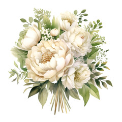 Watercolor bouquet with white peonies illustration. Generative AI, png image.