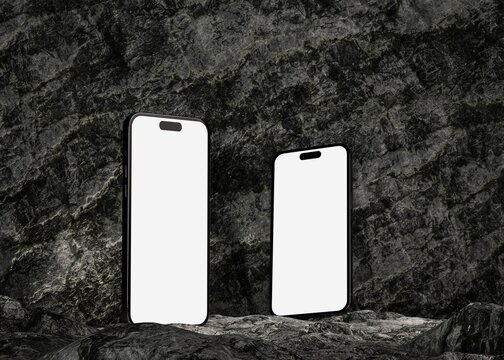 Mockup 2 smartphone with blank white screen On Rock. copy space for brand advertisement. 3D rendering Mockup Template.