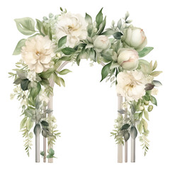 Watercolor wedding arch with white peonies illustration. Generative AI, png image.