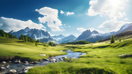 A bubbling stream winds its way through a lush valley surrounded by majestic mountains. The fresh air and peaceful environment make this the perfect spot to relax and take in nature's beauty.