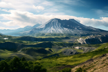 Fototapeta premium A majestic mountain range stretches across the horizon. The sun sets behind them, casting a beautiful orange glow that silhouettes the rugged peaks and valleys.