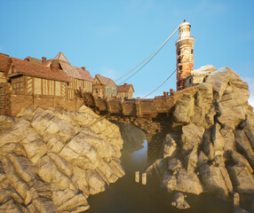 A 3d rendered fantasy illustration of a an island with a tower, a pirate medieval town on a rocky hill over the water