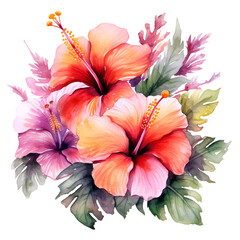 Watercolor red hibiscus flower illustration Generative AI, png image.