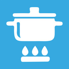 Boiling water cooking icon in pan. White cooking pot on stove with water and steam