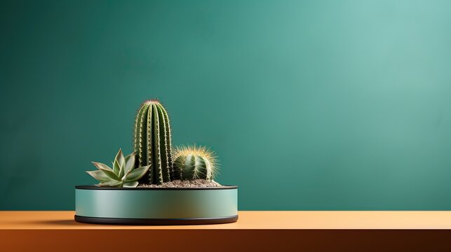 cactus tree in pot on dark green background