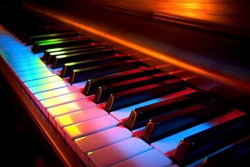 Piano buttons close up, neon lights
Created using generative AI tools