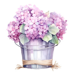 Watercolor cup with purple hydrangea illustration Generative AI, png image.