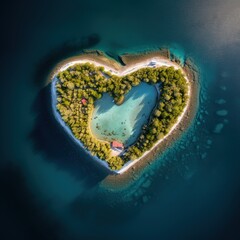 Topdown drone shot of heart shaped island on Adriatic coast.