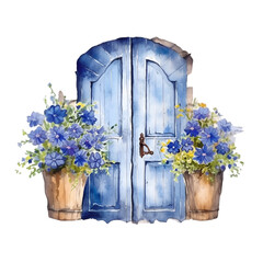 Watercolor wooden brown door with blue flowers illustration Generative AI, png image.