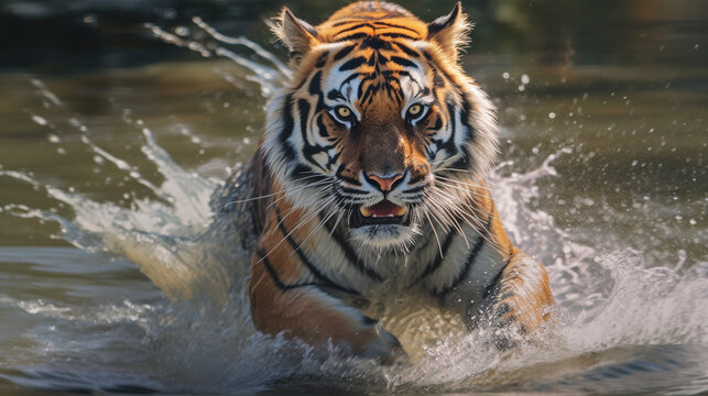tiger in water HD 8K wallpaper Stock Photographic Image