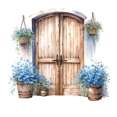 Watercolor wooden brown door with blue flowers illustration Generative AI, png image.