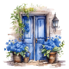Fototapeta na wymiar Watercolor wooden brown door with blue flowers illustration Generative AI, png image.