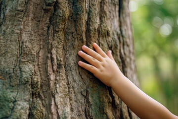 Child's hand touching a tree in the forest. Preserve nature and environment. Ai generative