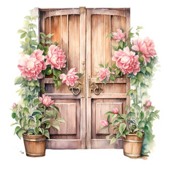Fototapeta na wymiar Watercolor wooden brown door with pink flowers illustration Generative AI, png image.