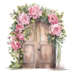 Watercolor wooden brown door with pink flowers illustration Generative AI, png image.