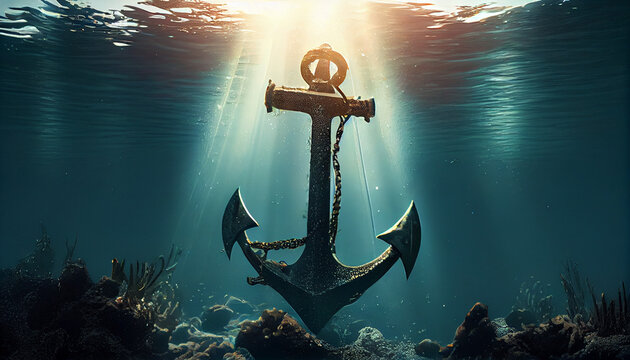 Anchor on the sea. Illustration of big iron anchor underwater view Ai generated image 