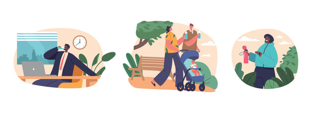 People Drink Water To Stay Hydrated And Maintain Their Overall Health. Male And Female Characters Refreshing At Office