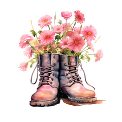 Illustration of pink sneakers with watercolor flowers. Generative AI, png image.