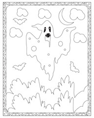 Halloween Coloring Pages for kids, Halloween Ghost Coloring pages for kids, Halloween illustration, Halloween Vector, Black and white 