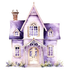 Illustration of a cute lilac house in watercolor. Generative AI, png image.